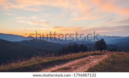 Beautiful sunset in Carpathian mountains. Summer ukrainian landscape. Dusky sky above wild nature with path