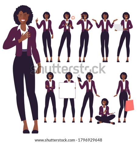 Set of flat design young black afro american woman characters, various poses and gestures and everyday activities. Learning, chatting, phonning, working.