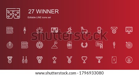 winner icons set. Collection of winner with medal, trophy, boxing, certificate, laurel, sport, goal, rolling wheel, slot machine, horse, running. Editable and scalable winner icons.