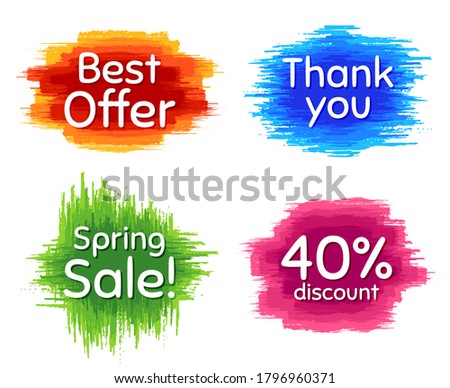 Best offer, 40% discount and spring sale. Dirty brush stroke. Thank you phrase. Sale shopping text. Paint, ink watercolor brush stroke. Grunge painbrush dash. Vector