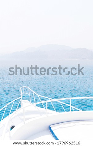 recreation on boat, rest yachting in blue quiet tropical sea, summer landscape of ship in calm open turquoise ocean.