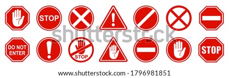 Set stop red sign icon with white hand, do not enter. Warning stop sign - stock vector Royalty-Free Stock Photo #1796981851