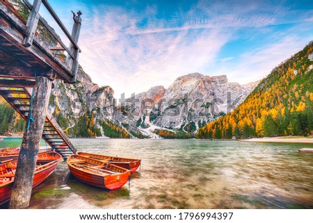 Marvelous scenery of famous alpine lake Braies at autumn. Location:  national park Fanes-Sennes-Braies, region Trentino-Alto Adige , province Bolzano, Italy, Europe