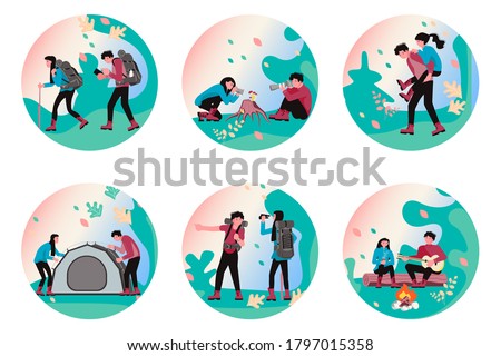 Hiking trekking and camping in nature Set of Social Media Story highlight icons. Happy man and woman backpackers hikers travel together.  Flat Art Vector Illustration