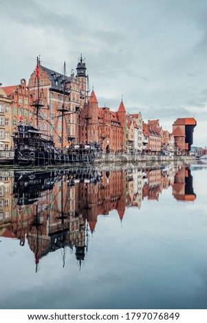 Cityscape of Gdansk old town on the river Motlawa. Old Town of Gdansk, Poland.