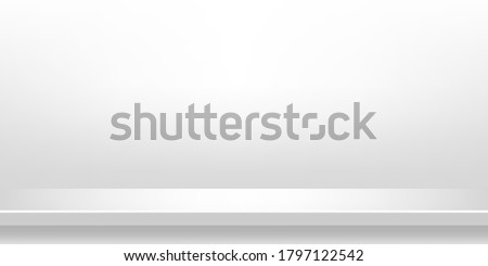 plank table white grey color on wall room background, white gray backdrop, copy space for advertise product display, table plank in front view Royalty-Free Stock Photo #1797122542