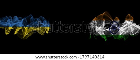 Flags of Ukraine and India on Black background, Ukraine vs India Smoke Flags
