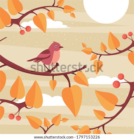 Autumn illustration with a bird on a branch with berries. Suitable for books, printing, textiles. Children's themes.