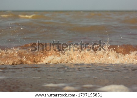 Close-up of sand on the beach and water of the Bolshoye Yarovoe salt lake (Altai Territory).