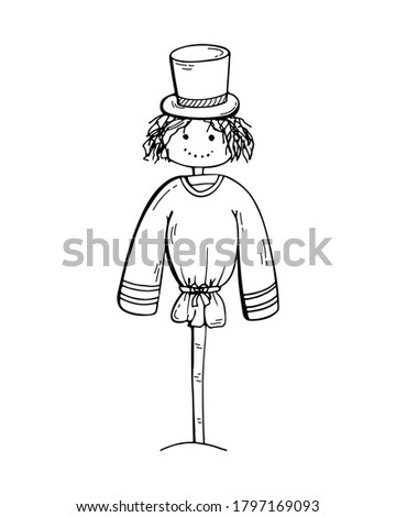 A charming Scarecrow with a hat on a stick. Power tools for gardening and country houses. Hand-drawn doodles.