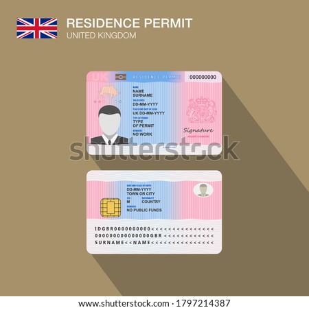 United Kingdom national permit residence card. Flat vector illustration template. Great Britain. Royalty-Free Stock Photo #1797214387