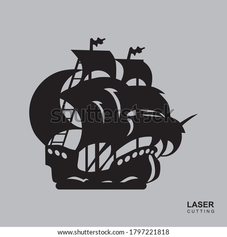 Pirate ship. Template for laser cutting, wood carving, paper cut and printing. Vector illustration.