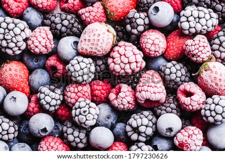Frozen berries fruits background close up.Fruits with frost.