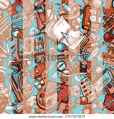 School seamless pattern with a backpack and education equipment cloud. Colorful, detailed, with many objects, it contains stationery, kids uniform, shoes, snacks and sets for creativity.