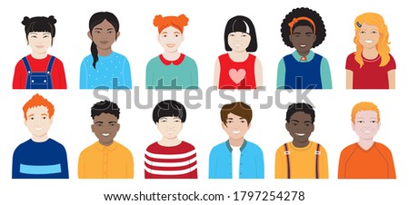 Set of vector avatars, diverse happy smiling kids collection. International school classmates, preschoolers, multiracial group children. African, asian, chinese, redhead boys, girls, isolated on white Royalty-Free Stock Photo #1797254278