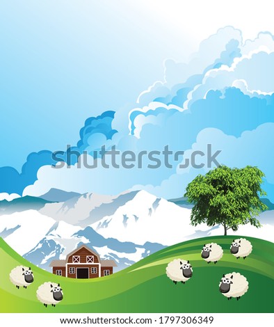 Picturesque rural scene with a flock of sheep grazing on summer mountainous lowland pastures set against a blue cloudy sky Royalty-Free Stock Photo #1797306349