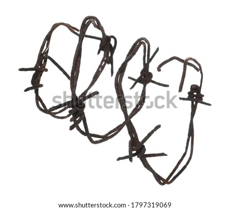 Old rusty security barbed wire fence isolated on white background and texture with clipping path