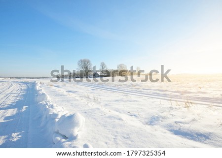 Snow-covered country field, forest and wooden houses after a blizzard. Snowflakes, pure morning sunlight. Clear blue sky. Winter wonderland. Idyllic winter scene. Finland