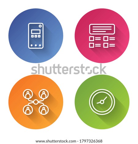 Set line Mobile phone, Online quiz, test, survey, class and Clock. Color circle button. Vector
