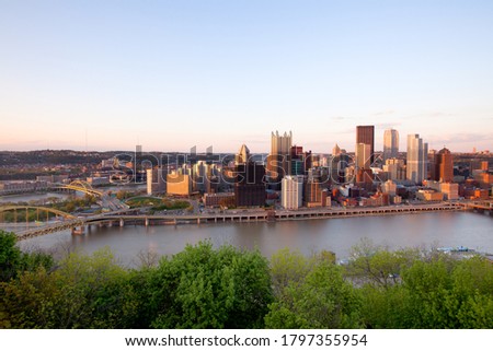 Panoramic view of Pittsburgh downtown at sunset, Pennsylvania, United States
