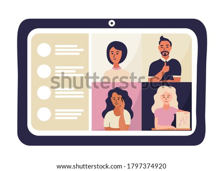Four people are on the tablet device screen, conference video call vector illustration design. solve business problem. Women and man. Colored hand drawn cartoon.