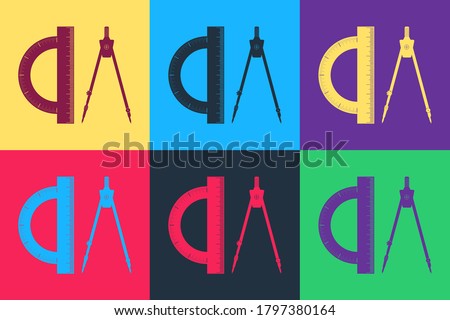 Pop art Protractor and drawing compass icons isolated on color background. Drawing professional instrument. Geometric equipment. Education sign. Vector.