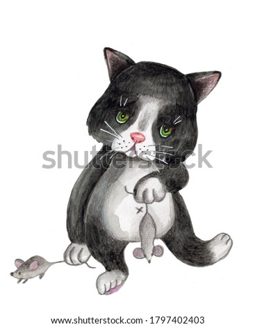 Cute cartoon black cat sitting with two mice. Watercolor hand drawn illustration for kids, isolated.