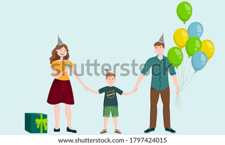 Happy family celebrating birthday. Mother, father and son in cartoon style.