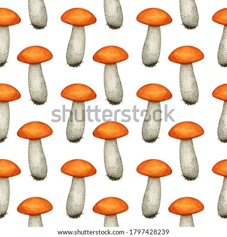 Seamless pattern with watercolor raw forest aspen mushroom. Orange cap boletus.Edible fungus, cooking ingredient. Hand drawn background for autumn print, wrapping paper, textile, fabric, scrapbooking
