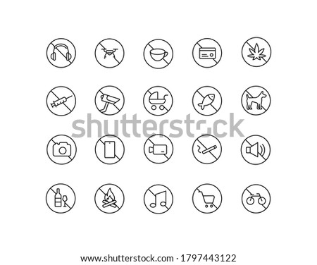 Prohibited symbols icon set. No camera, smartphone, alcohol, sound, smoke, bike, bonfire, headphones, drone, CCTV, fish, cash only, cannabis and more.