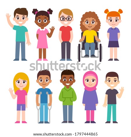 Cute cartoon group of children. Diversity and inclusion clip art illustration set. Kids of different cultures and skin color, disabled child.
