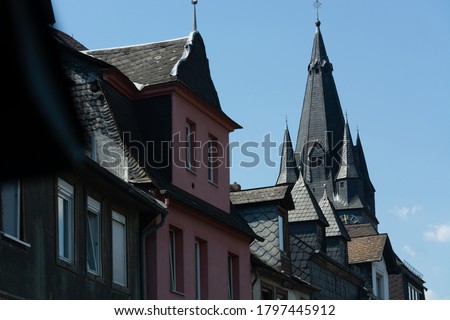 The Half-timbered houses in the old town on the Rhine. The town is a popular tourist destination because of its colorful half-timbered houses.