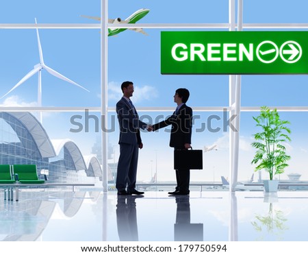 Green Business Hand Shake in Airport with 3D Airplane