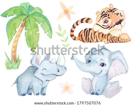 Watercolor cute illustration. Cartoon tropic character. Rhinoceros, elephant, tiger isolated on white background.