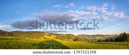 beautiful landscape with meadows, trees, forests, in the background wooded hills and blue sky with clouds