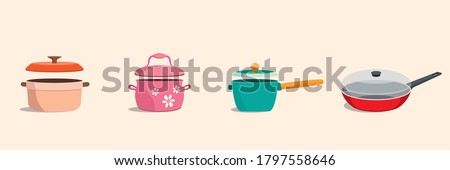 Cookware kitchen utensils with lids set. Colorful frying pan, pot, stockpot. Vector illustration Royalty-Free Stock Photo #1797558646