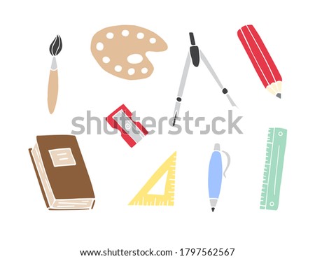 Vector set bundle of different colored hand drawn doodle sketch school office chancellery on white background