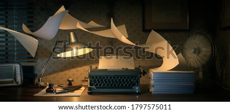 Vintage writer's desktop with typewriter and flying sheets, creativity and inspiration concept Royalty-Free Stock Photo #1797575011