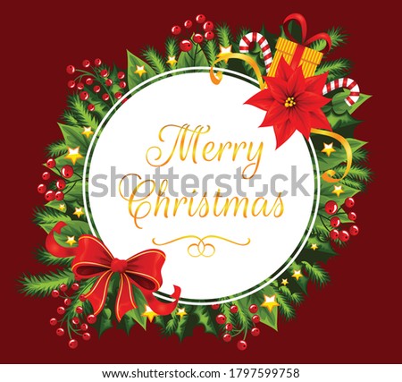 White circle with Merry Christmas text decorated with christmas details.