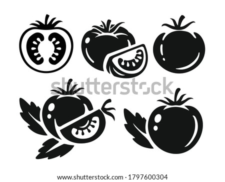 black tomatoes collection on white  Royalty-Free Stock Photo #1797600304