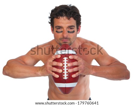 American Football Player with Ball on White Background
