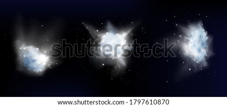 Snow powder white explosion, ice or snowflakes splash clouds, design elements for christmas, new year holidays, winter season promo isolated on dark background. Realistic 3d vector illustration, set