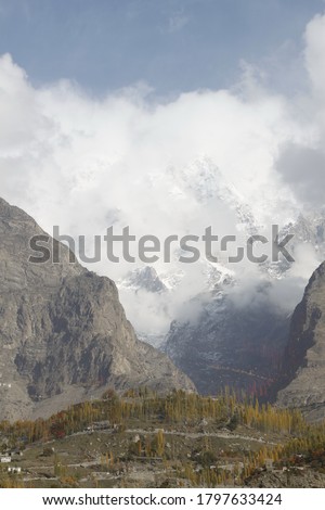 hunza in summer season picture with ulter peak and hunza valley in autumn season , Pakistan 