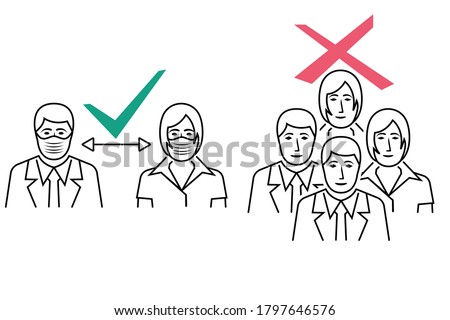 People stand keep distance and in crowd. Approved and prohibited black icon line. People in protective masks. Social distancing concept. Landing page social awareness. Vector illustration flat design.
