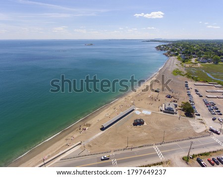 Marblehead Devereux Beach aerial view with Boston city skyline at the background, Marblehead, Massachusetts MA, USA.