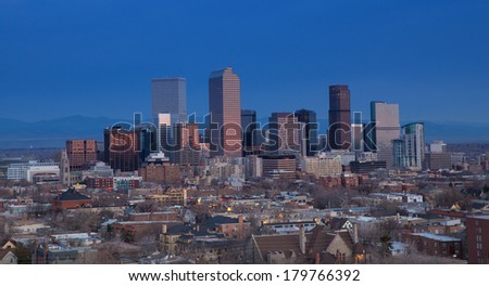 Predawn Denver Skyline With Rocky Mountains
