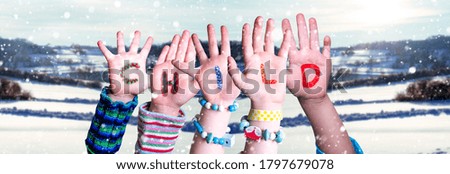 Children Hands Building Word Child, Snowy Winter Background