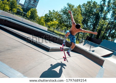 Skateboarder practicing ollie trick at the skate park