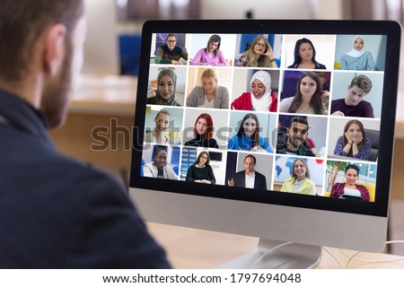 Online remote learning. Teacher with computer having video conference chat with student and class group. Teaching and learning from home during quarantine and coronavirus outbreak. Royalty-Free Stock Photo #1797694048