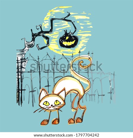 Illustration of his cat with a pumpkin fence. Halloween card.